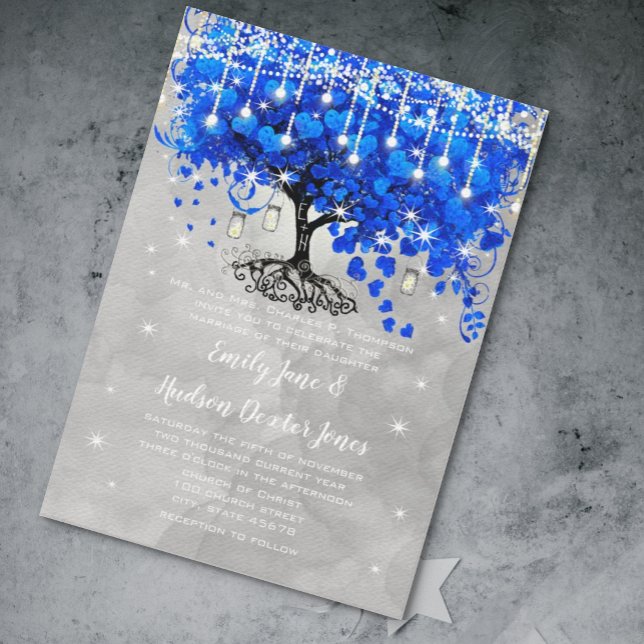 Mason Jar Blue Heart Leaf Tree Gray Watercolor Invitation (Creator Uploaded)