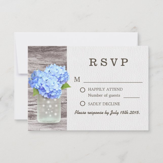 Mason Jar Blue Hydrangea Barn Wood Wedding RSVP (Front)