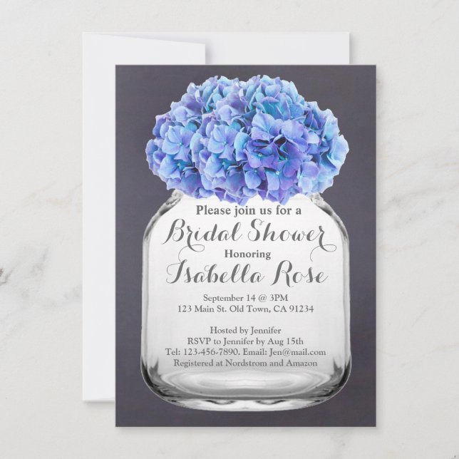 Mason jar blue hydrangea bridal shower hydrangea7 invitation (Front)