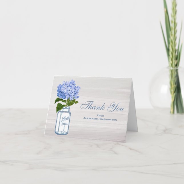 Mason Jar Blue Hydrangea Gray Thank You Card (Front)