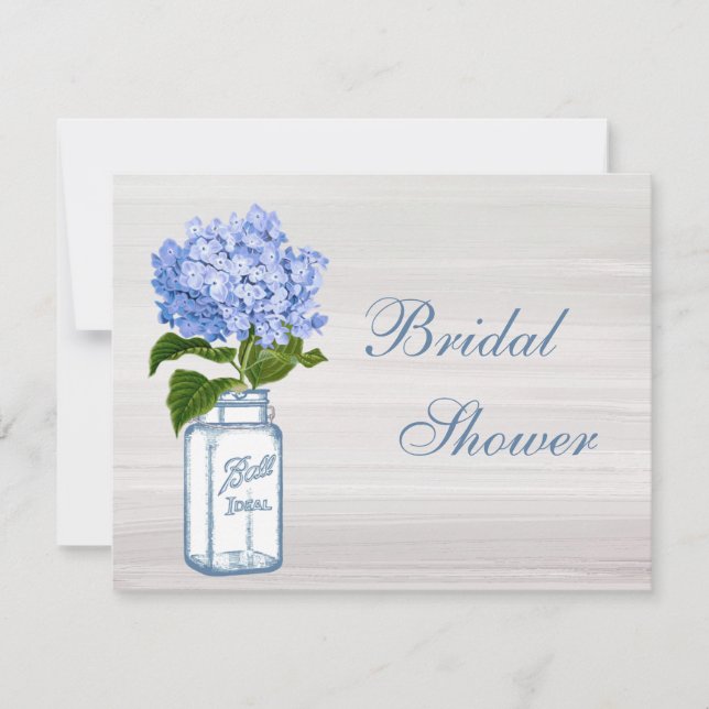 Mason Jar & Blue Hydrangea Grey Bridal Shower Invitation (Front)
