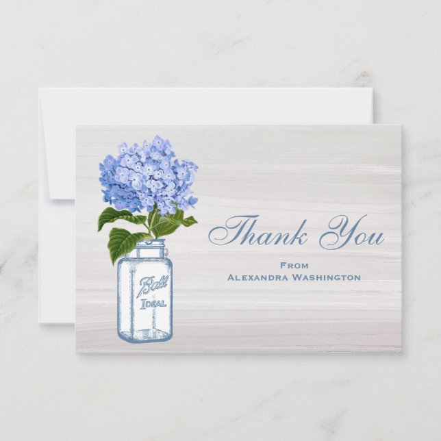 Mason Jar & Blue Hydrangea Grey Thank You Cards (Front)