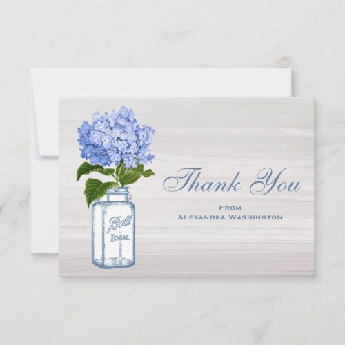 Mason Jar  Blue Hydrangea Grey Thank You Cards