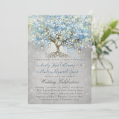 Mason Jar Blue Silver Heart Leaf Tree Fairy Lights Invitation (Standing Front)