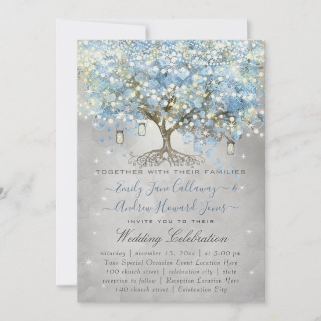 Mason Jar Blue Silver Heart Leaf Tree Fairy Lights Invitation (Front)