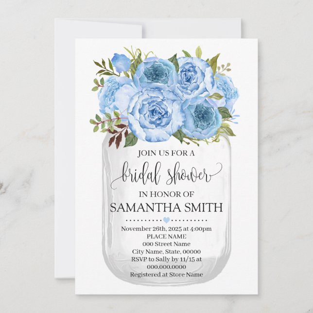 Mason jar bridal shower blue floral country chic invitation (Front)
