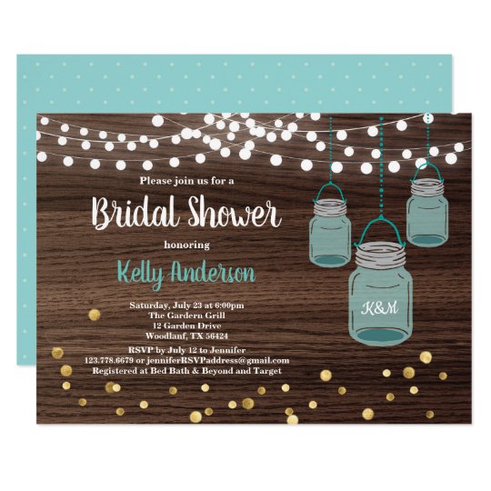Mason Jar bridal shower invitation. Turquoise Invitation
