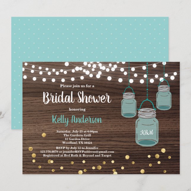 Mason Jar bridal shower invitation. Turquoise Invitation (Front/Back)