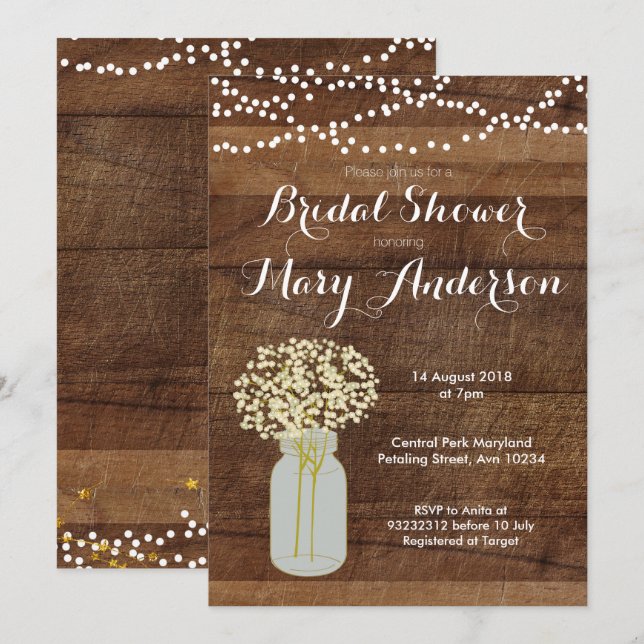 Mason Jar Bridal Shower Invitations (Front/Back)