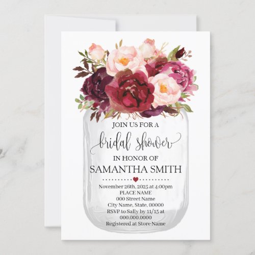 Mason jar bridal shower marsala country chic invitation