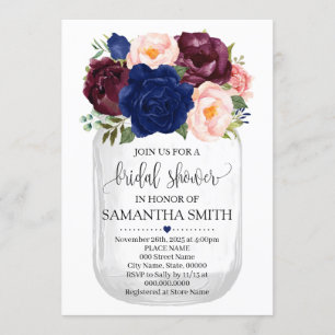 Mason jar bridal shower navy floral country chic invitation