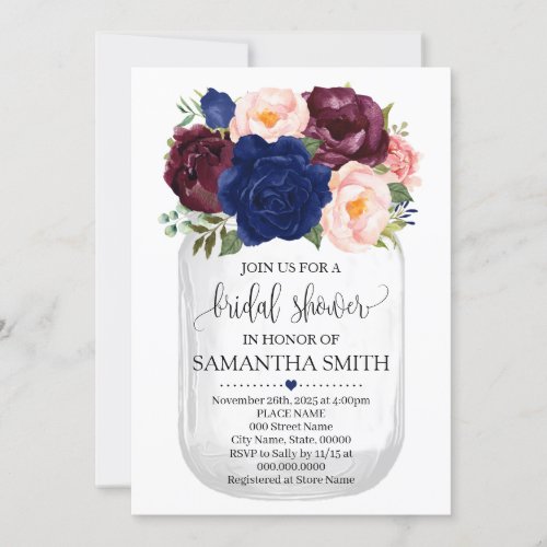 Mason jar bridal shower navy floral country chic invitation