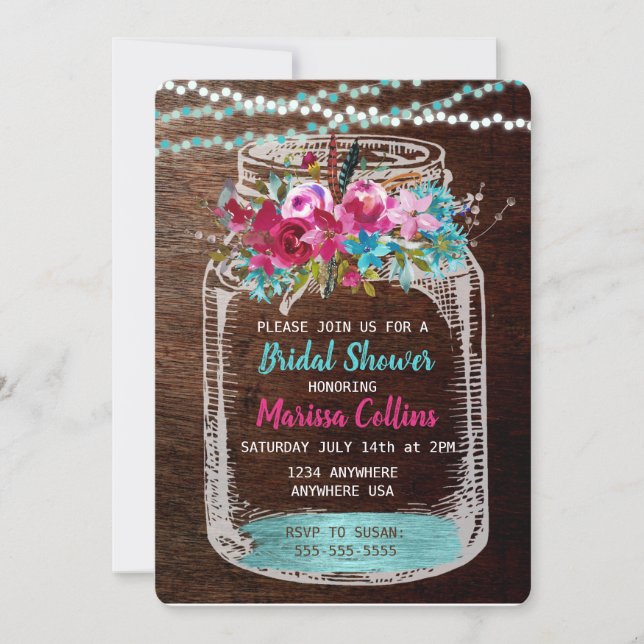 Mason Jar bridal shower string Lights Boho Floral Invitation (Front)