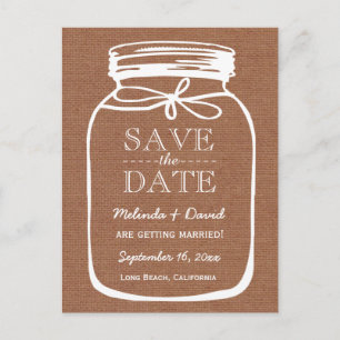 Mason Jar Brown Burlap Save the Date Wedding A08 Announcement Postcard