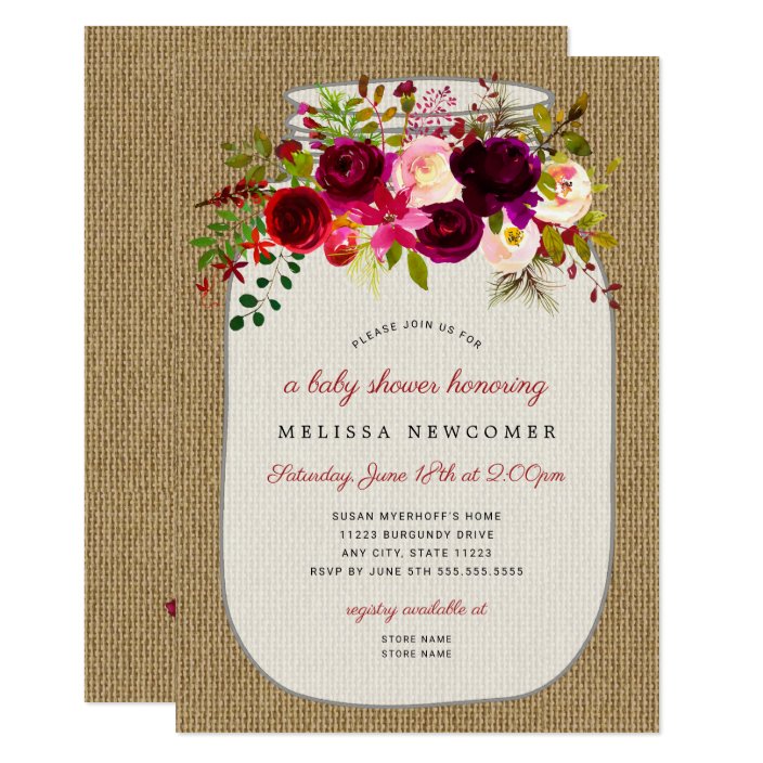 mason jar burgundy floral baby shower invitations  zazzle