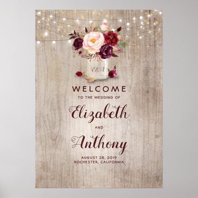 Mason Jar Burgundy Floral Wedding Welcome Sign (Front)