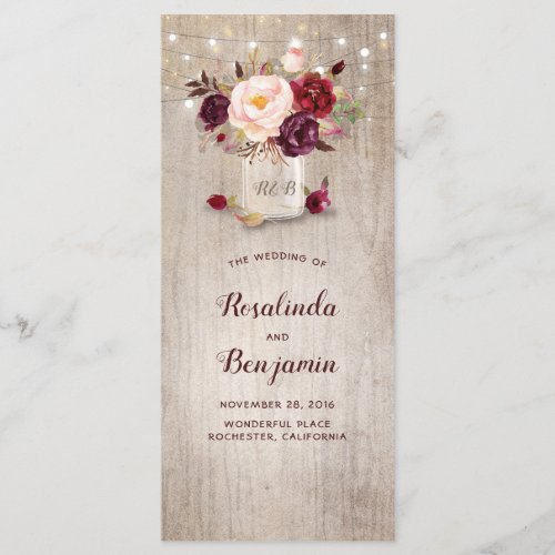 Mason Jar Burgundy Flowers Rustic Wedding Programs