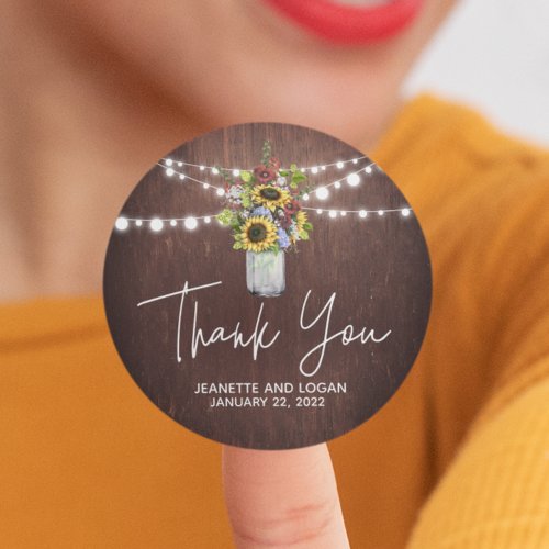 Mason Jar Burgundy Sunflower Wedding Thank you Classic Round Sticker