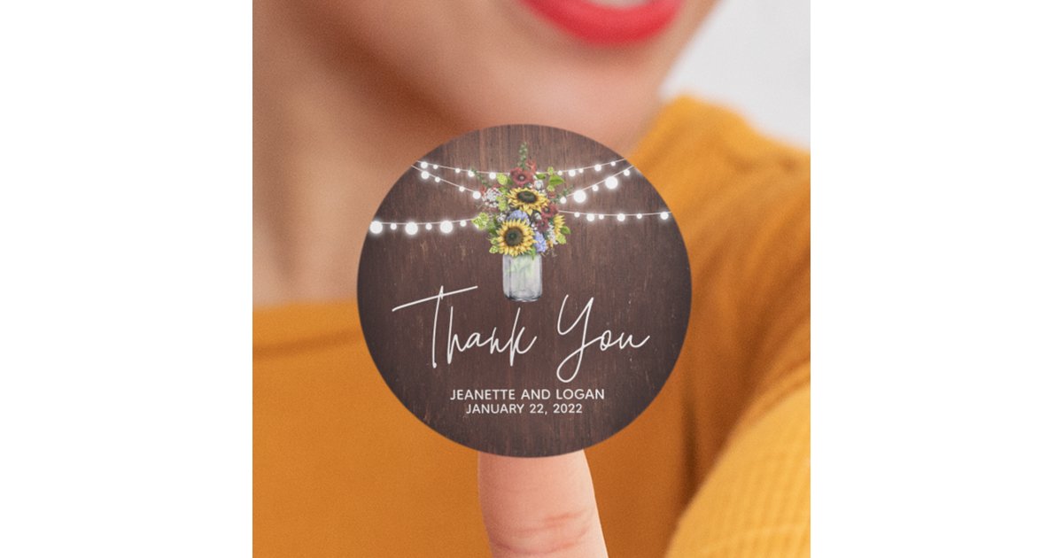 Mason Jar Burgundy Sunflower Wedding Thank you Classic Round Sticker ...