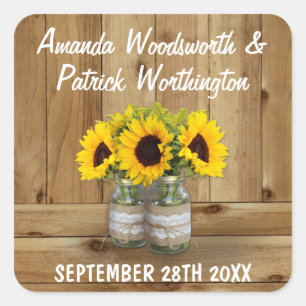 Mason Jar Burlap and Lace Sunflower Wedding Favors Square Sticker