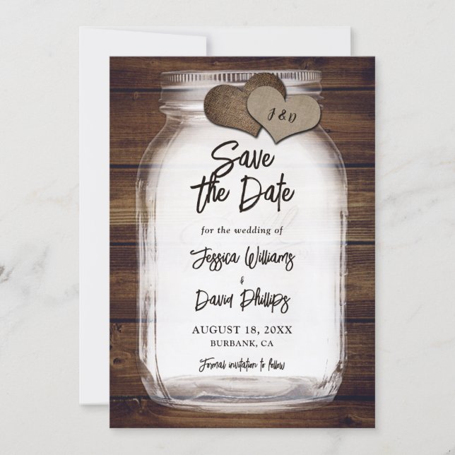 Mason Jar Burlap Hearts Monogram Wedding Save The Date (Front)