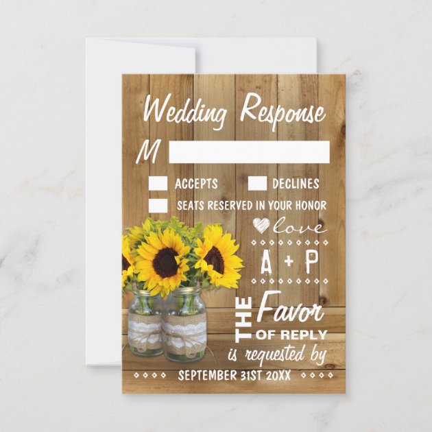 Mason Jar Burlap Lace Sunflower Wedding RSVP Cards