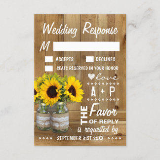 Mason Jar Burlap Lace Sunflower Wedding RSVP Cards