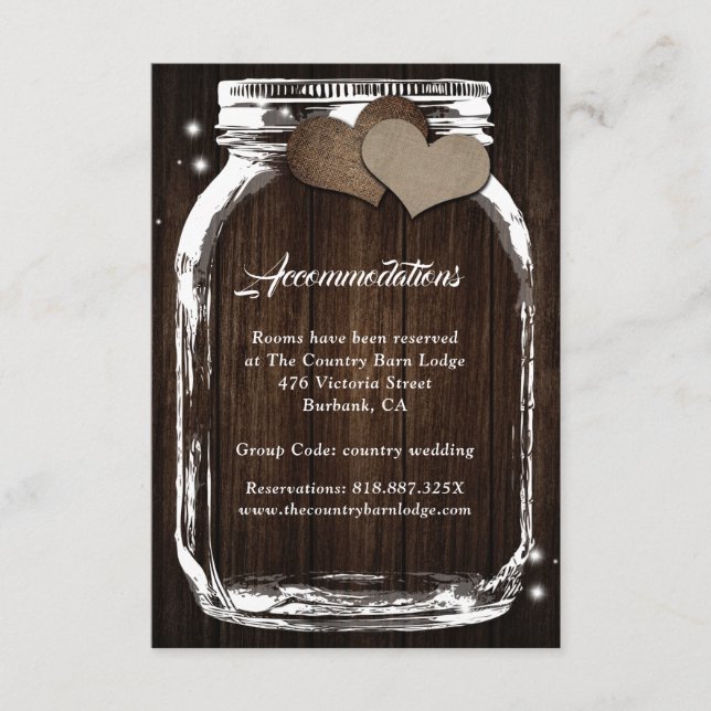 Mason Jar Burlap Rustic Wood Accommodation Cards (Front)