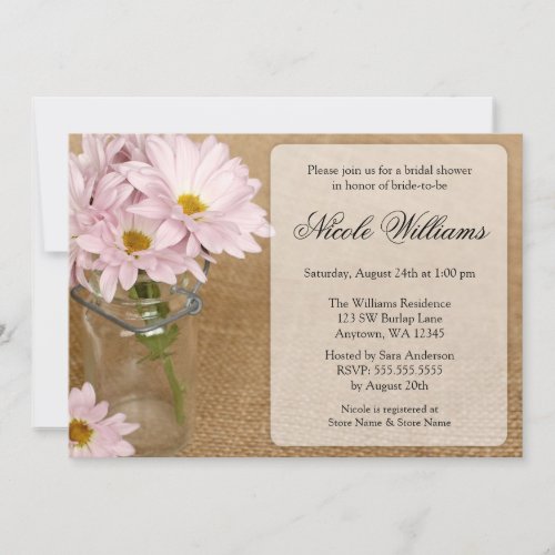 Mason Jar Burlap Soft Purple Daisies Bridal Shower Invitation