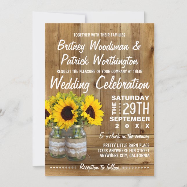 Mason Jar Burlap Sunflower Wedding Invitations (Front)