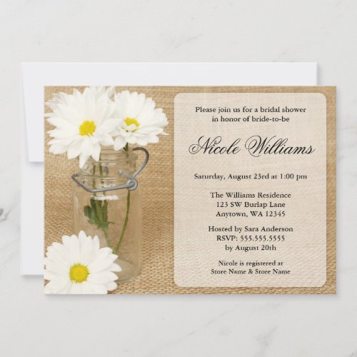 Mason Jar Burlap White Daisies Bridal Shower Invitation