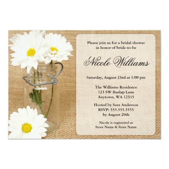 Mason Jar Burlap White Daisies Bridal Shower Invitation
