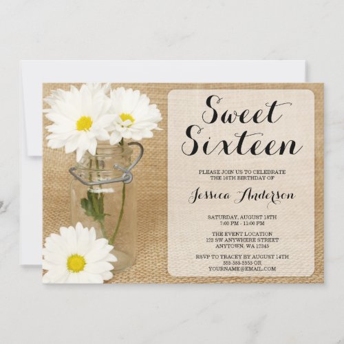 Mason Jar Burlap White Daisies Sweet 16 Invitation