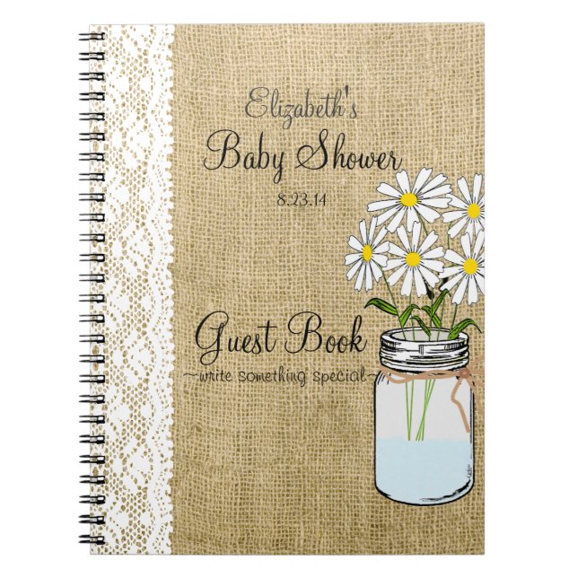 Mason Jar Burlap White Lace Baby Shower Guest Book (Front)