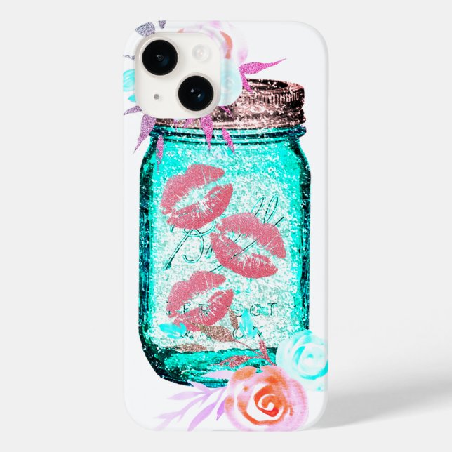 Mason jar butterfly kiss floral pink teal gray Case-Mate iPhone case (Back)