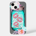 Mason jar butterfly kiss floral pink teal gray Case-Mate iPhone 14 case