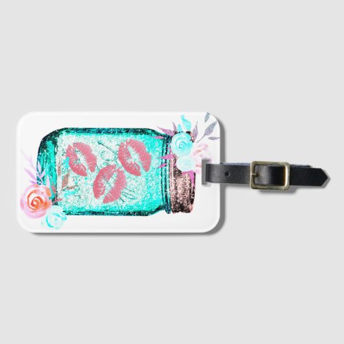 Mason jar butterfly kiss floral pink teal  luggage tag