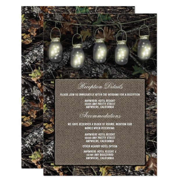 Mason Jar Camo Wedding Reception Enclosure Cards