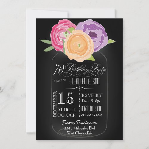 Mason Jar Chalkboard 70th Birthday Invitation