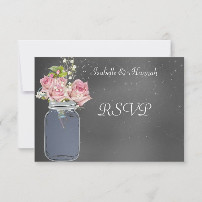 Mason Jar, Chalkboard, Lesbian Wedding RSVP Card (Front)