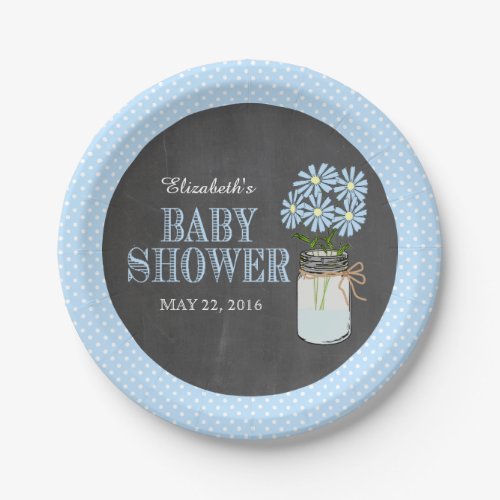 Mason Jar Chalkboard Look Blue Dots Baby Shower Paper Plates