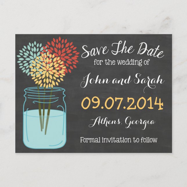 Mason Jar Chalkboard Save the Date Announcement Postcard (Front)