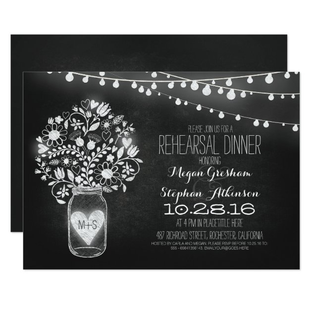 Mason Jar Chalkboard String Light Rehearsal Dinner Invitation