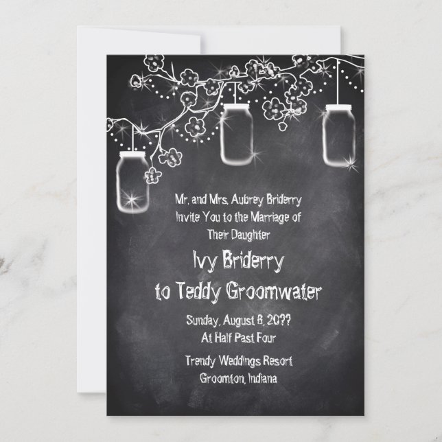 Mason Jar Chalkboard String Lights Rustic Wedding Invitation (Front)