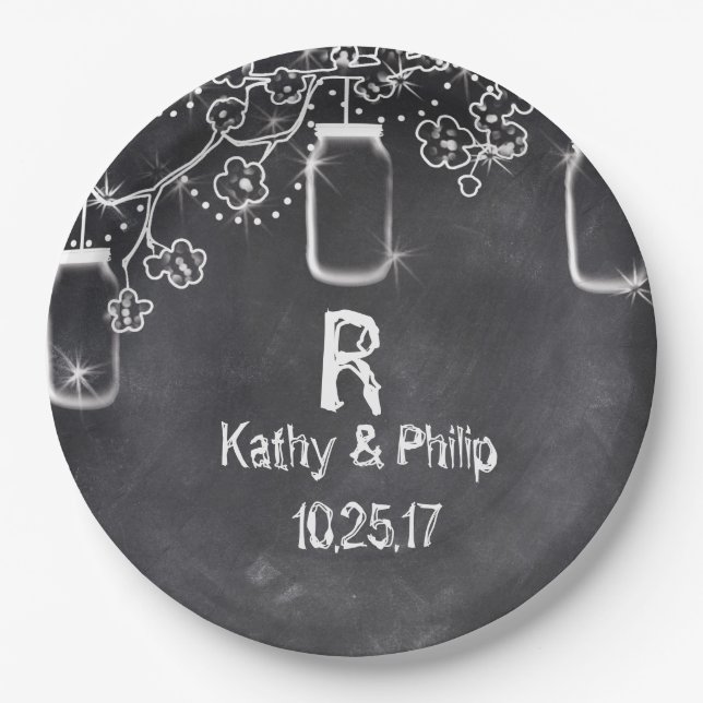 Mason Jar Chalkboard String Lights Rustic Wedding Paper Plates (Front)