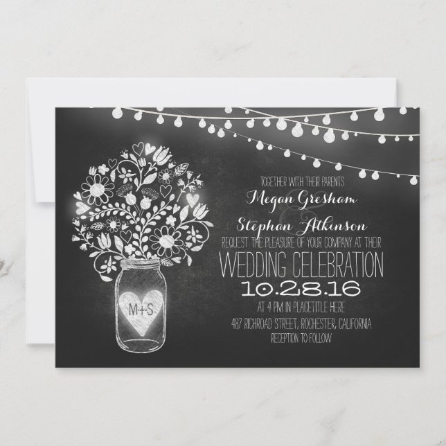 mason jar chalkboard string lights wedding invites (Front)