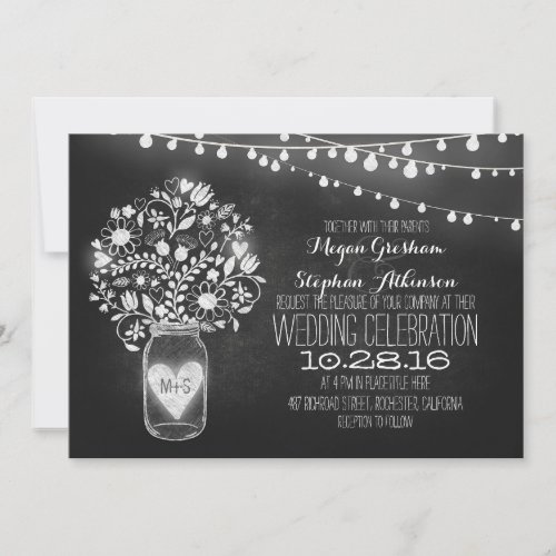 mason jar chalkboard string lights wedding invites