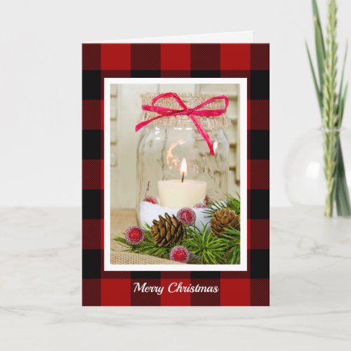 Mason Jar Christmas Candle on plaid Holiday Card