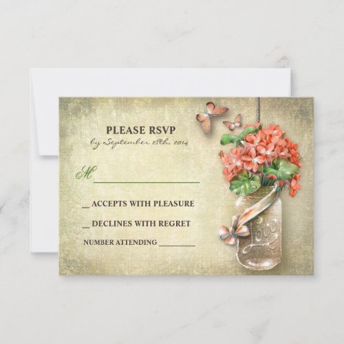 mason jar &amp; coral flowers RSVP cards