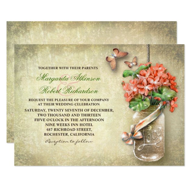 Mason Jar & Coral Flowers Rustic Wedding Invites